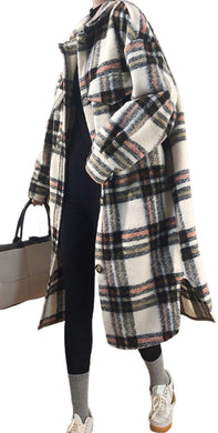Winter Collar Wool Blend Brown Plaid Midi Long Shacket Trench Coat