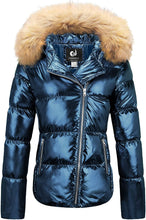Load image into Gallery viewer, Women&#39;s Warm Shining Turquoise Blue Winter Coat with Fur Hood