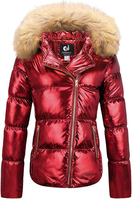 Women's Warm Shining Wine Red Winter Coat with Fur Hood
