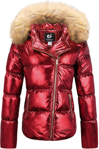 Women's Warm Shining Short Down Wine Red Winter Coats with Fur Hood