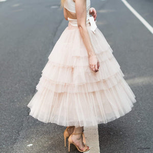 Tiered Layered Mesh Nude Pink Party Tulle A-line Midi Skirt