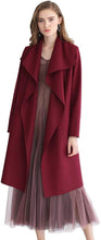 Load image into Gallery viewer, Wide Lapel Wine Red Open Front Long Sleeve Women&#39;s Trench Coat