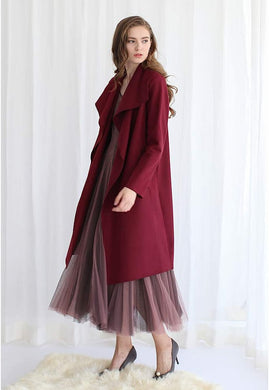 Wide Lapel Wine Red Open Front Long Sleeve Women's Trench Coat