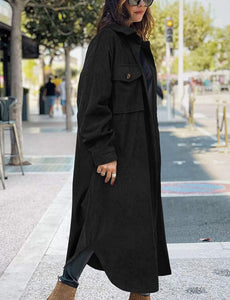 Casual Lapel Black Button Down Women's Long Corduroy Jacket