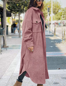 Casual Lapel Pink Button Down Women's Long Corduroy Jacket