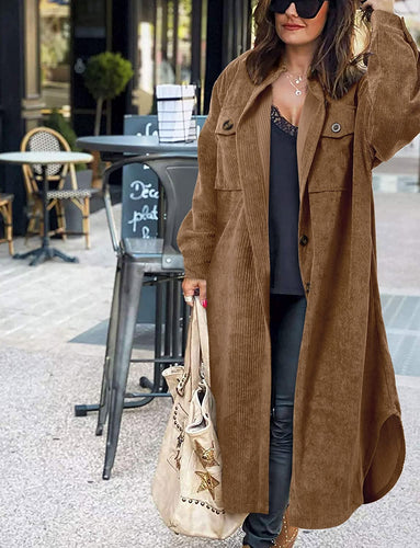 Casual Lapel Brown Button Down Women's Long Corduroy Jacket