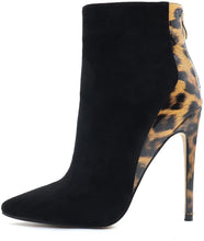 Load image into Gallery viewer, Black Leopard Ankle Boots Closed Pointed Toe Stilettos