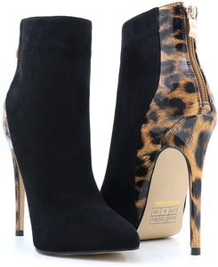 Black Leopard Ankle Boots Closed Pointed Toe Stilettos