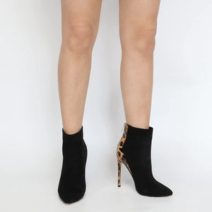 Black Leopard Ankle Boots Closed Pointed Toe Stilettos