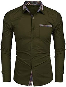 Men's Plaid Collar Army Green Long Sleeve Button Down Dress Shirt