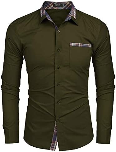 Men's Plaid Collar Army Green Long Sleeve Button Down Dress Shirt