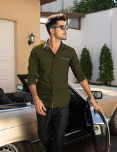 Load image into Gallery viewer, Men&#39;s Plaid Collar Army Green Long Sleeve Button Down Dress Shirt