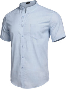 Men's Blue Short Sleeve Button Down Linen Shirt