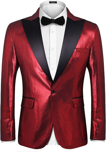 Men's Red Metallic Slim Fit Long Sleeve Tuxedo Jacket