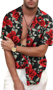 Men's Black Rose Floral Short Sleeve Casual Shirt