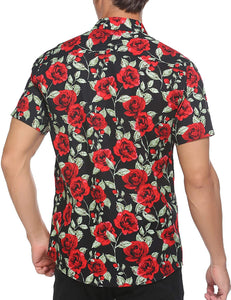 Men's Black Rose Floral Short Sleeve Casual Shirt