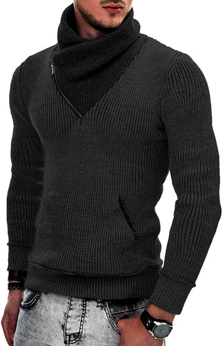 Men's Black Knitted Zipper Turtleneck Sweater with Pockets