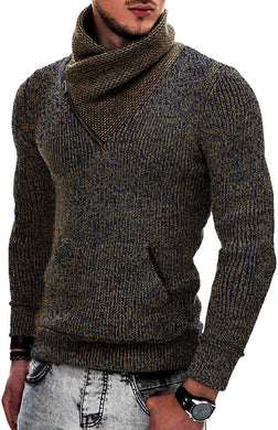 Men's Brown Knitted Zipper Turtleneck Sweater with Pockets