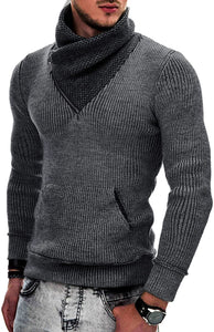 Men's White Knitted Zipper Turtleneck Sweater with Pockets