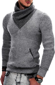 Men's Black Knitted Zipper Turtleneck Sweater with Pockets