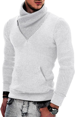 Men's White Knitted Zipper Turtleneck Sweater with Pockets