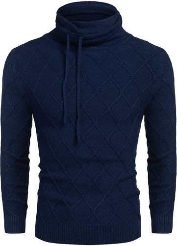 Men's Blue Knitted Diamond Pattern Sweater with Drawstrings