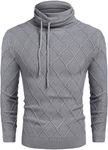 Men's Dark Grey Knitted Diamond Pattern Sweater with Drawstrings