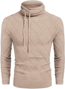 Men's White Knitted Diamond Pattern Sweater with Drawstrings