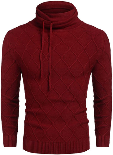 Men's Red Knitted Diamond Pattern Long Sleeve Sweater with Drawstrings