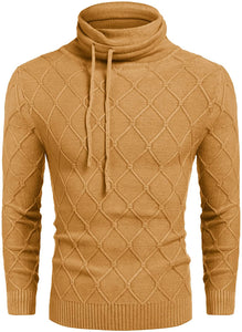 Men's Red Knitted Diamond Pattern Long Sleeve Sweater with Drawstrings