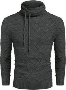Men's Black Knitted Diamond Pattern Sweater with Drawstrings