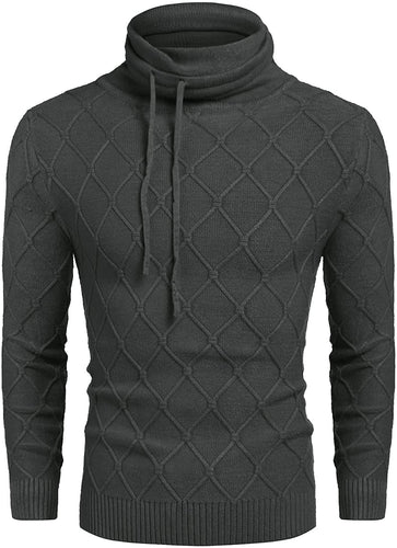 Men's Dark Grey Knitted Diamond Pattern Sweater with Drawstrings