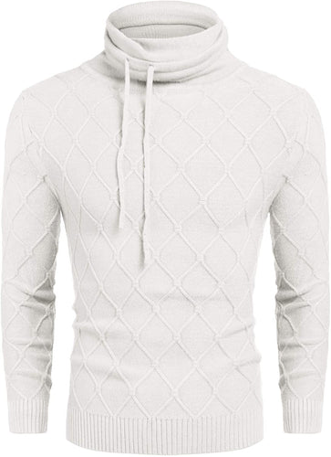 Men's White Knitted Diamond Pattern Sweater with Drawstrings