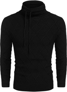 Men's Black Knitted Diamond Pattern Sweater with Drawstrings