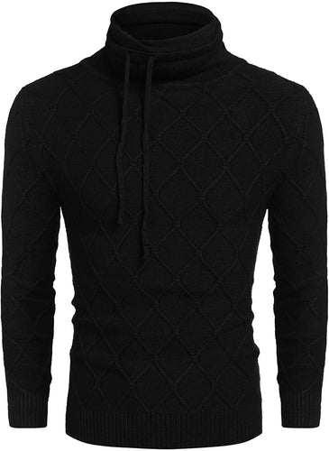 Men's Black Knitted Diamond Pattern Sweater with Drawstrings