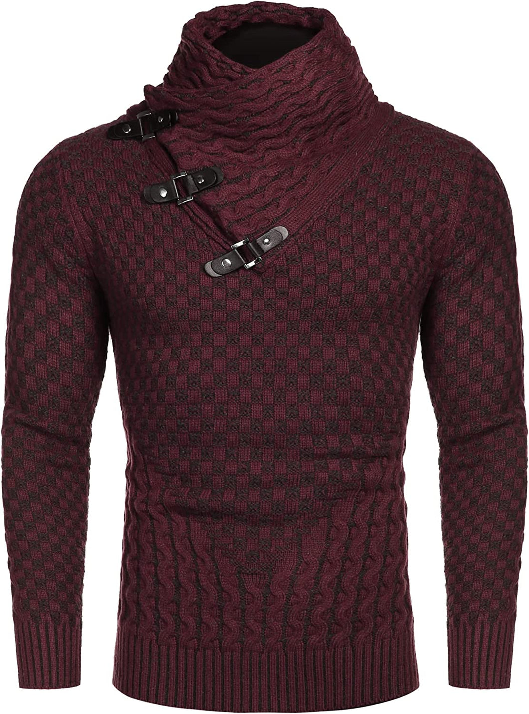 Men's Wine Red Turtle Neck Long Sleeve Slim Fit Sweater