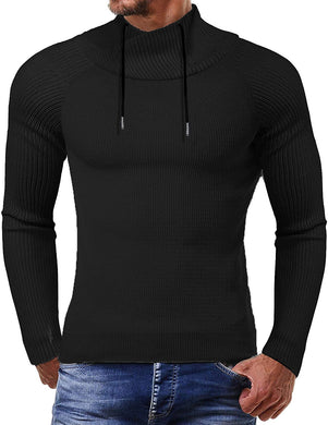 Men's Black Knitted Turtleneck String Collar Sweater