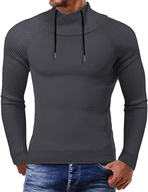 Men's Grey Knitted Turtleneck String Collar Sweater