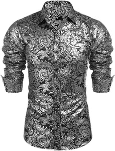 Men's Elegant Red Gold Floral Long Sleeve Dress Shirt