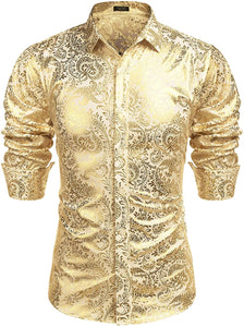 Men's Elegant Red Gold Floral Long Sleeve Dress Shirt