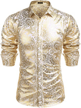 Load image into Gallery viewer, Men&#39;s Elegant White Gold Floral Long Sleeve Dress Shirt