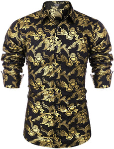 Men's Elegant Paisley Silver Gold Floral Printed Dress Shirt