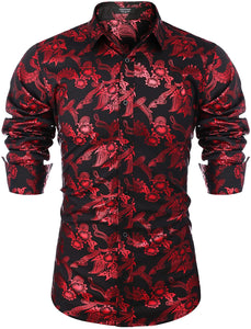 Men's Elegant Red Sliver Floral Printed Dress Shirts