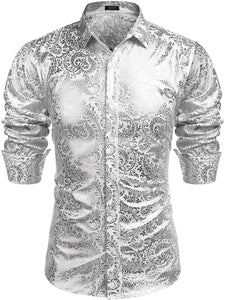 Men's Elegant Red Sliver Floral Printed Dress Shirts