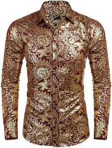 Men's Elegant Red Sliver Floral Printed Dress Shirts