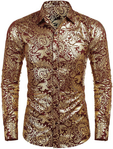 Men's Elegant Paisley Black/Gold Floral Printed Dress Shirt