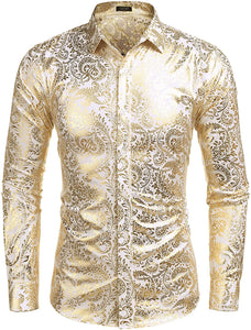 Men's Elegant White Gold Floral Long Sleeve Dress Shirt