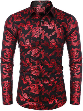 Men's Elegant Paisley Red/Black Floral Printed Dress Shirt