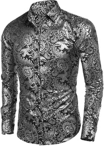 Men's Elegant Red Sliver Floral Printed Dress Shirts