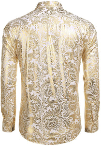Men's Elegant White Gold Floral Long Sleeve Dress Shirt